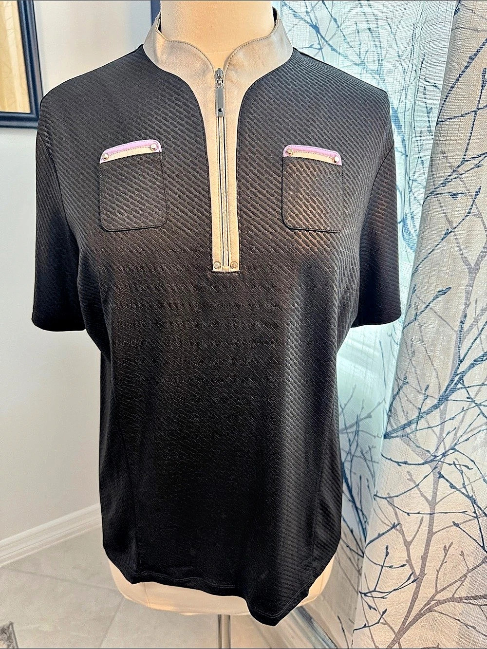 Jamie Sadock Textured Half-Zip Polo in Black Large